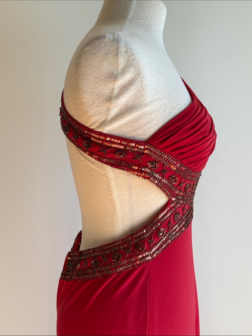 Asymmetrical One-Shoulder Red Evening Gown with Beaded Waist - Picture 7 of 9